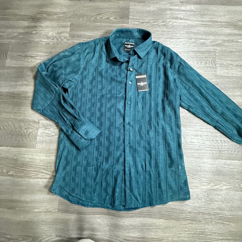 Barabas Mens Teal Blue Textured Jacquard Long Sleeve Button Down Shirt Large NWT